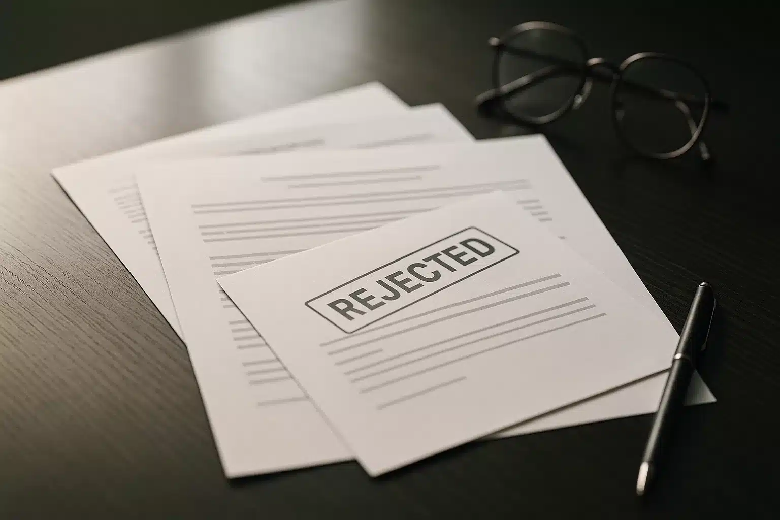 Rejected visa application document and pen on a wooden desk