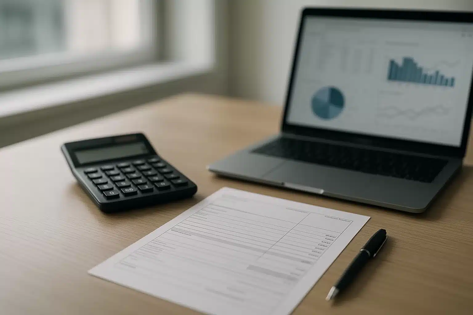 Desk with calculator, payslip and laptop representing salary threshold calculations