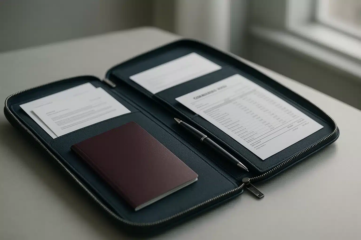 Passport and travel documents organised on a desk for a UK visitor visa application